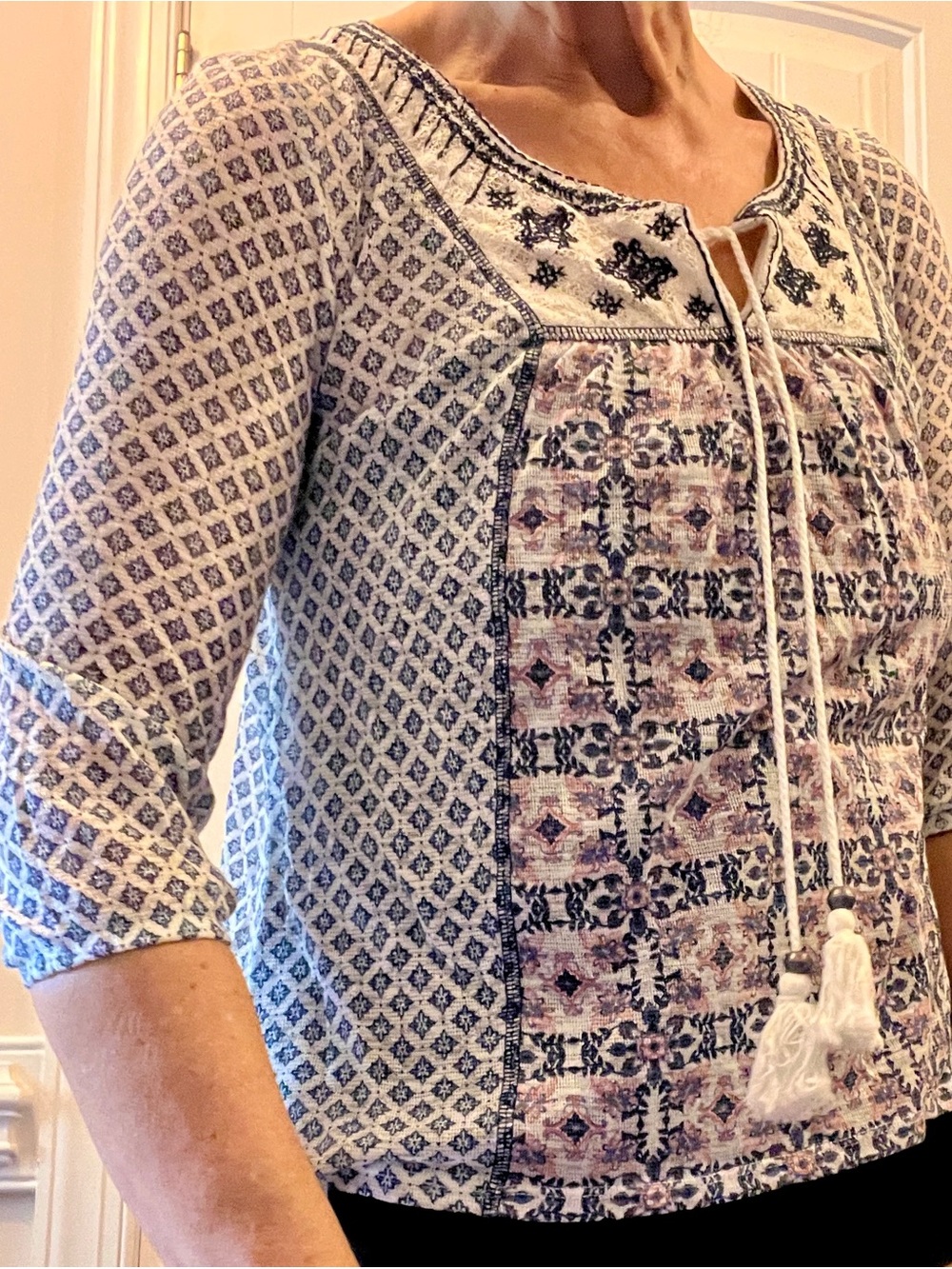 Jolt Boho Lace-Up Blouse in Blue and White